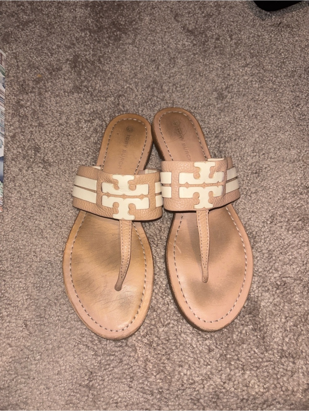Tory Burch Tan and Cream Logo Thong Sandals